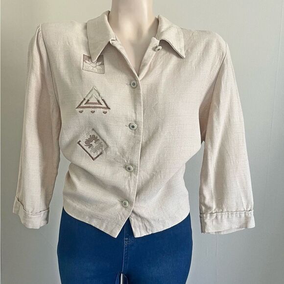 Vintage Tops - Vintage Abstract Embroidered Button Up Blouse Womens L Petite Linen Look 90s